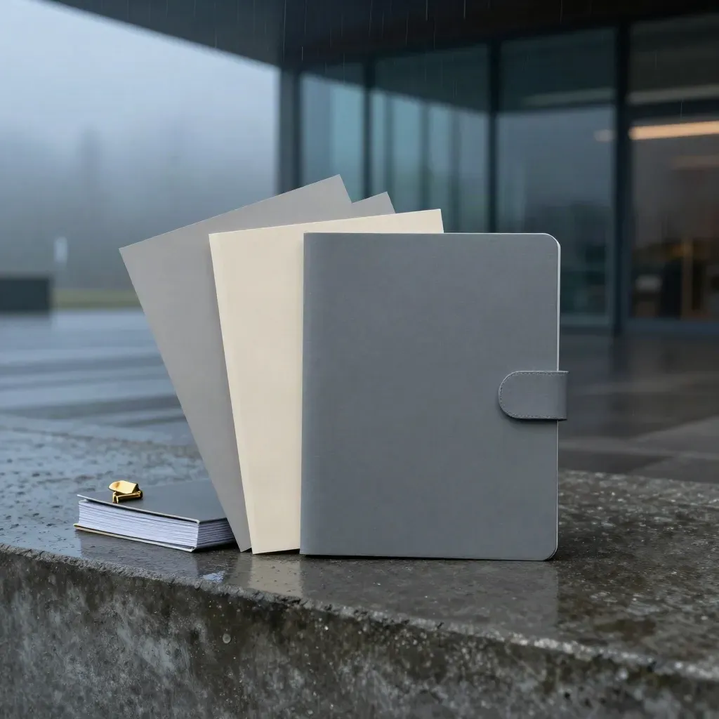 EU trade brief pack with booklet, leaflet and brass clip on rain-dark concrete at blue hour