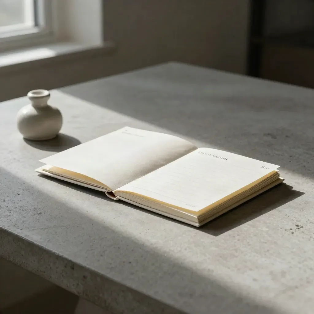 Slim notes bundle with cloth wrap and ceramic weight on a concrete table
