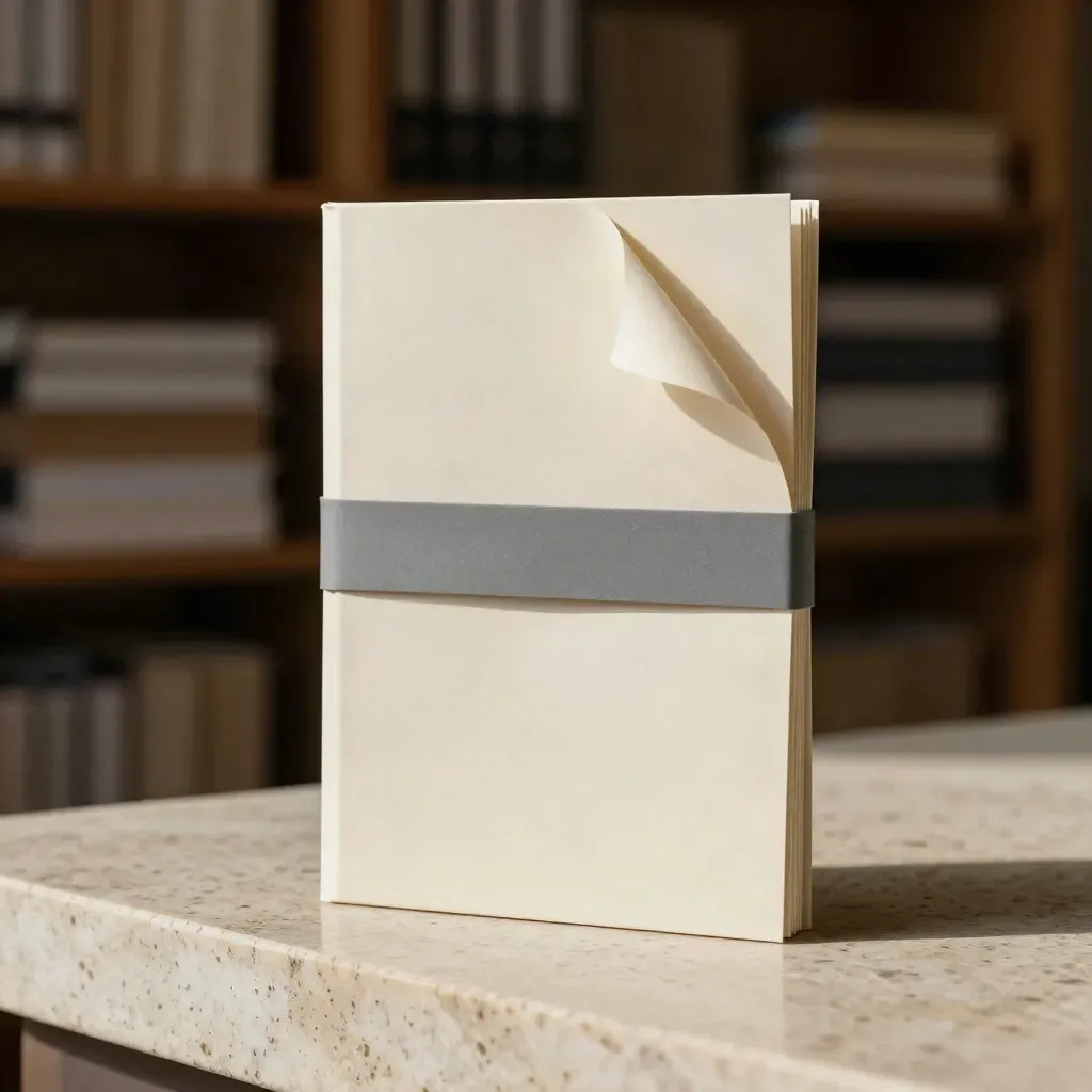 Slim EU customs checklist pack with peeled sheet, divider tabs and folded slip on travertine.
