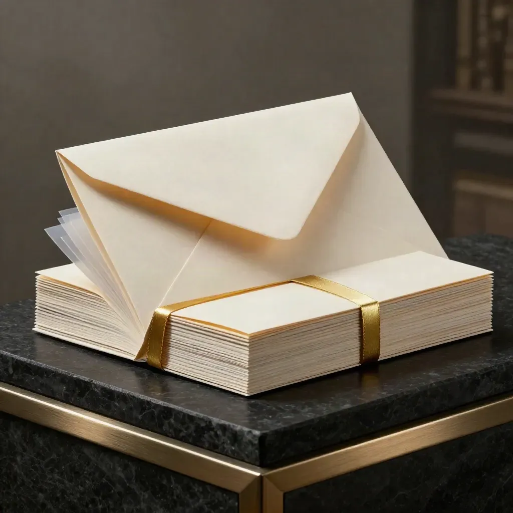 Dramatic ivory tariff alert card bundle bursting open on a matte-black plinth with gold light.