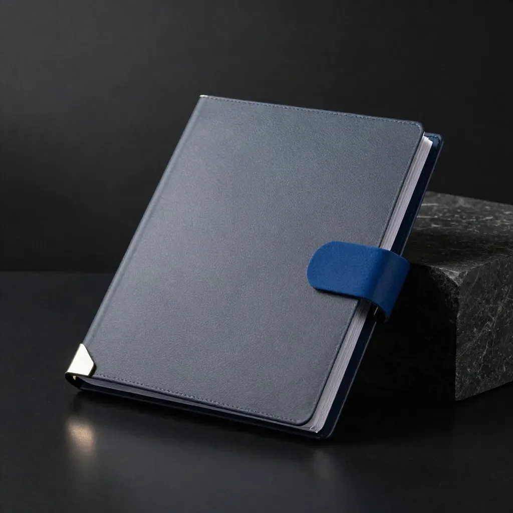 Dark binder with metal corner guard on a stone block, lit by cool rim light in a smoky studio