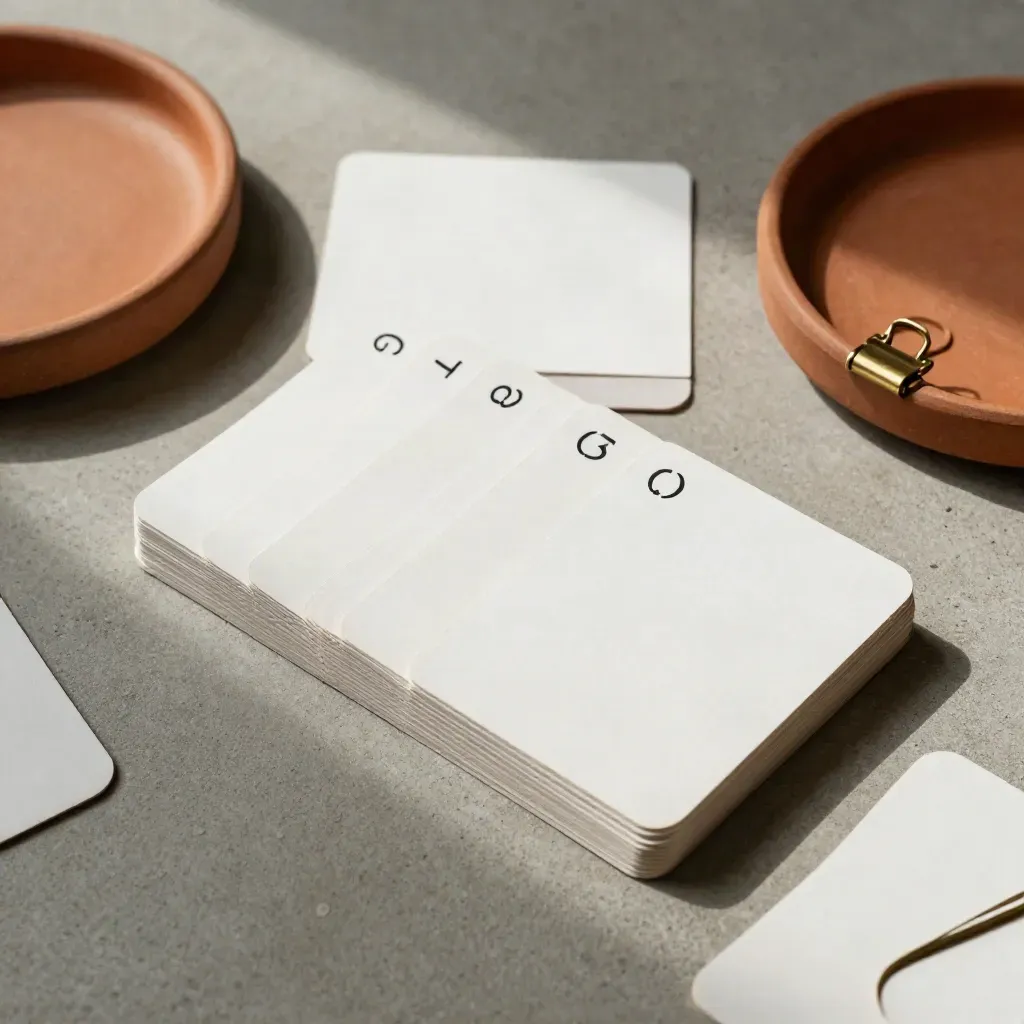 Overhead flatlay of tariff code cards, brass clip, and terracotta tray on concrete