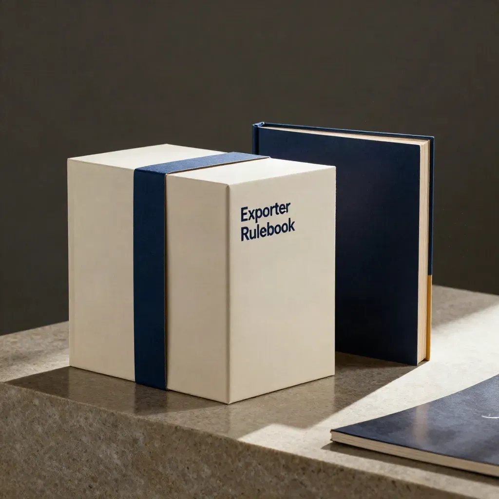 Rigid rulebook box set with layered inserts and slim booklet on a limestone plinth.