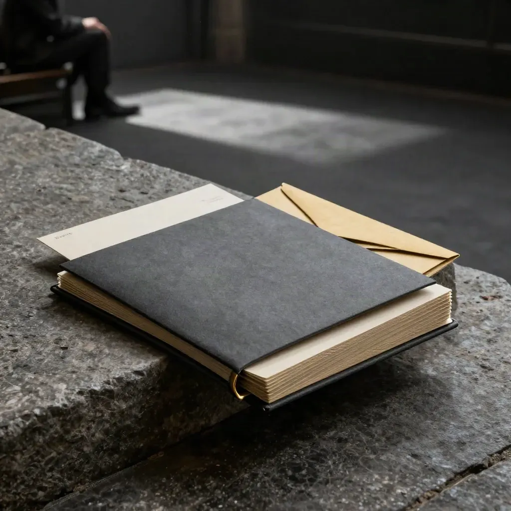 Border Docs Pack sliding across stone with note cards, envelope and dramatic gold-rim light