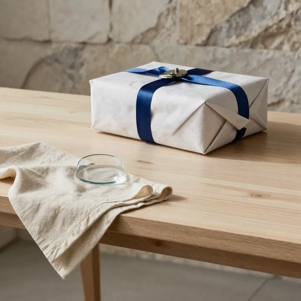 Pale oak customs surface with linen fold, blue seal ribbon and blurred stone wall